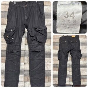 MNML Jeans Men’s Size 34x34 Black Cargo Waxed Coated 100% Cotton Button Fly